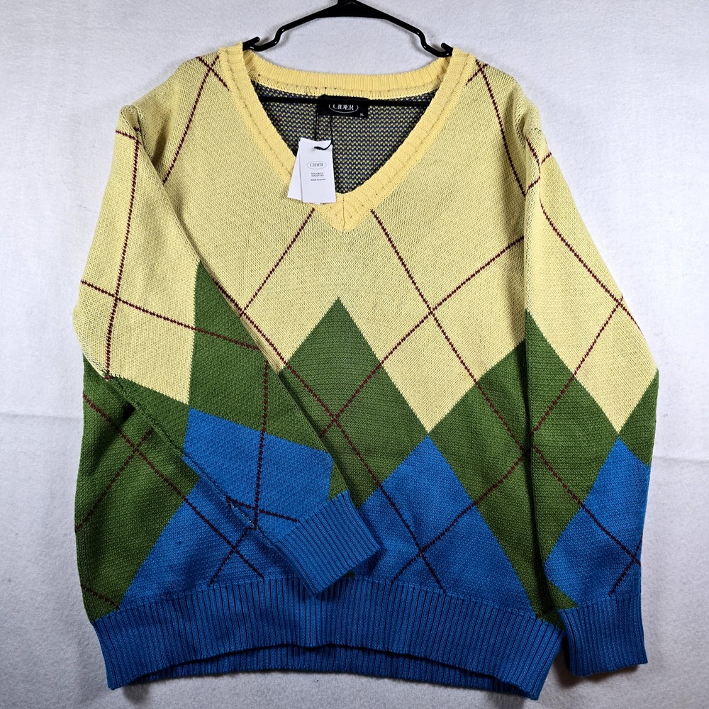 New‎ Cider Colorful Argyle Sweater Womens XL Long Sleeve Yellow Green Blue 80s